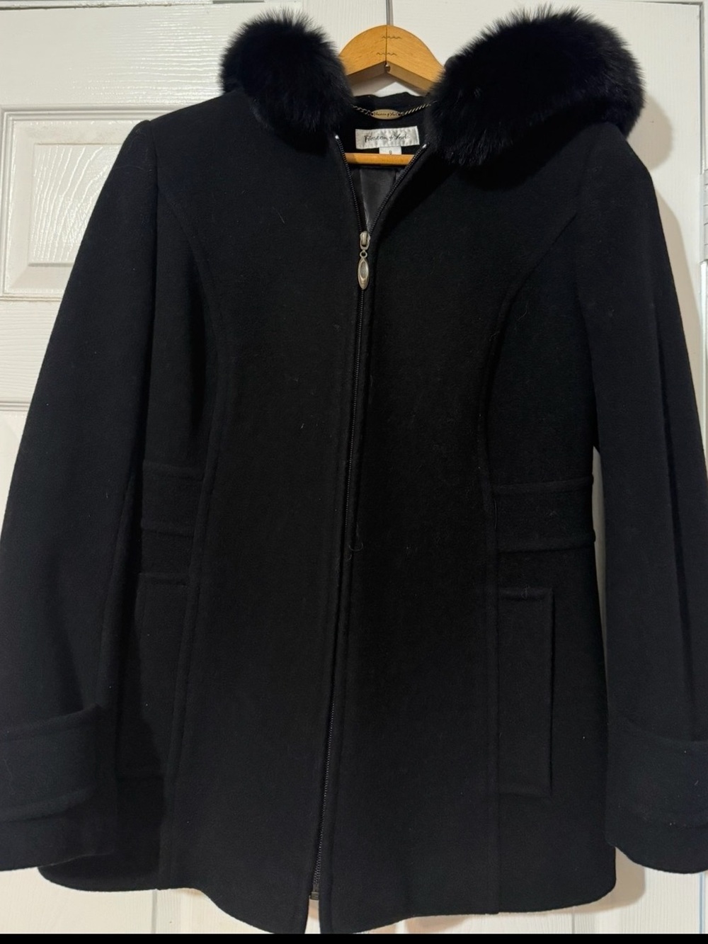 Preston & York Black Wool-Blend Pea Coat with Fur Collar